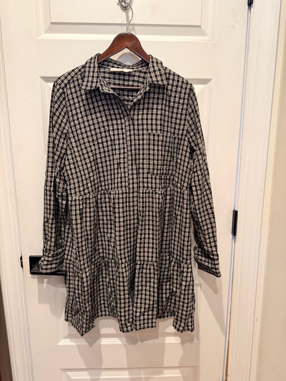 LOFT Black and Cream Plaid Button-Up Top